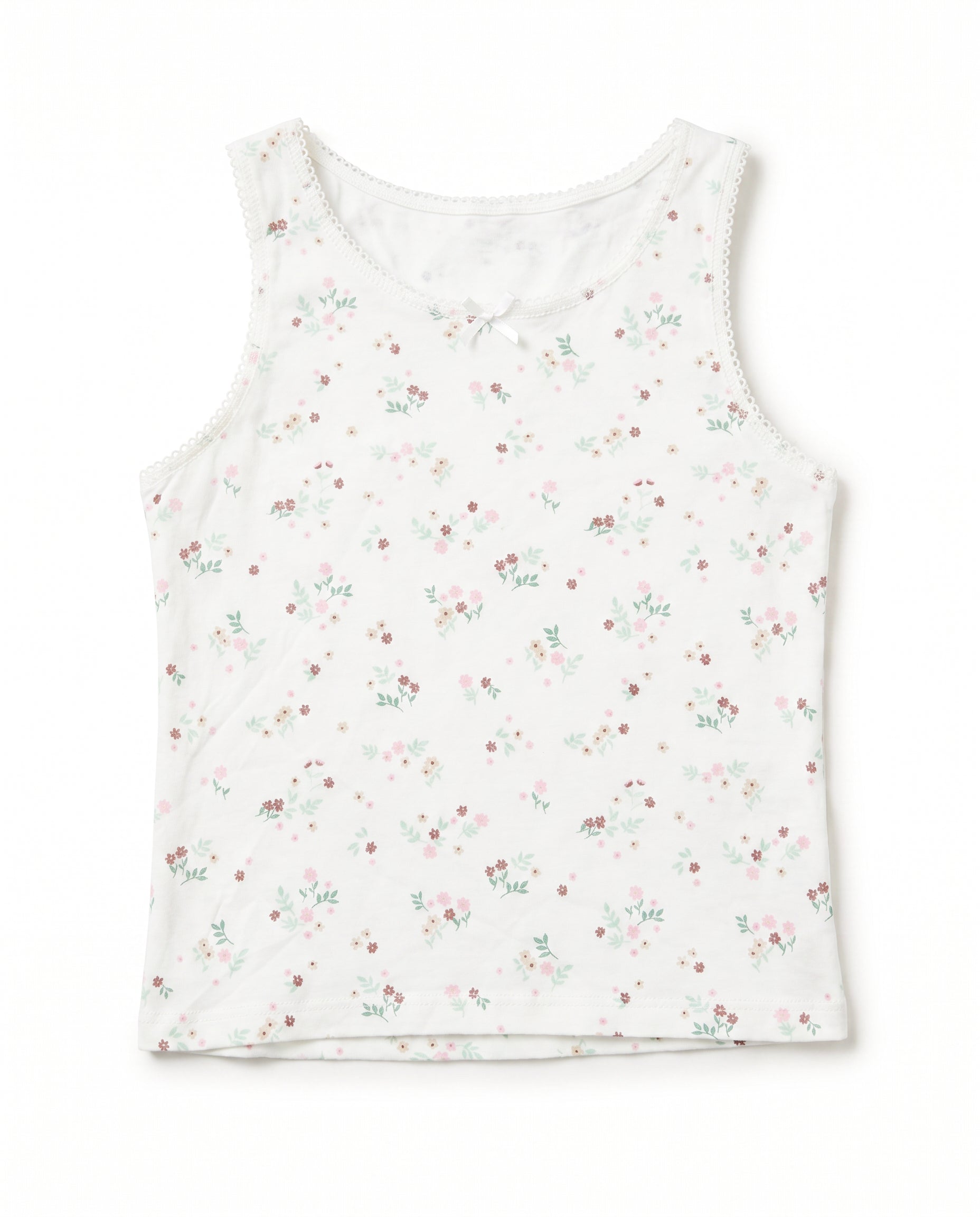 Girls white ditsy floral sleeveless tank top with lace trim neckline and satin bow, flat lay product photo