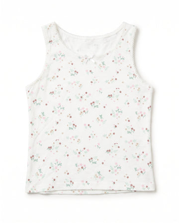 Girls white ditsy floral sleeveless tank top with lace trim neckline and satin bow, flat lay product photo