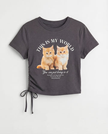 Girl's Side Ruched Crop T-Shirt | Charcoal, Cat Print
