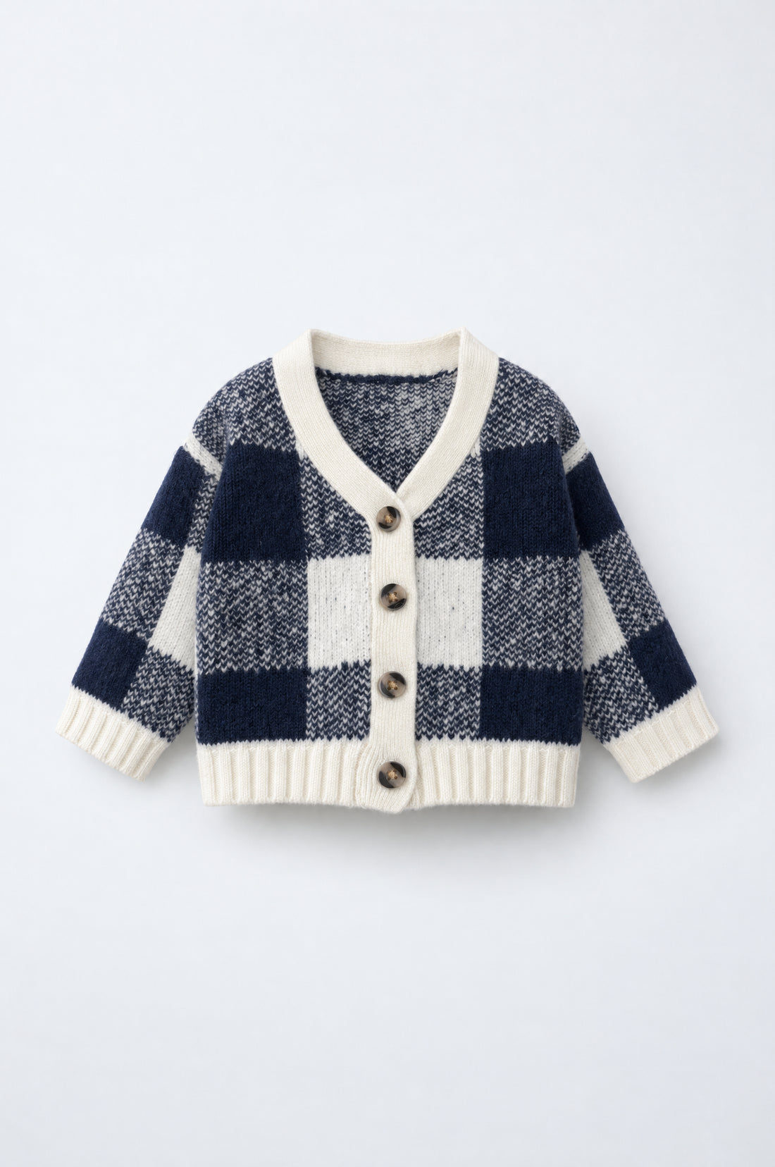 PTex Fashion baby check knit cardigan in navy and ecru with V-neck, ribbed trims and tortoiseshell buttons, front view