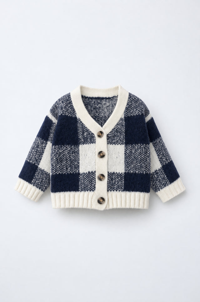 PTex Fashion baby check knit cardigan in navy and ecru with V-neck, ribbed trims and tortoiseshell buttons, front view