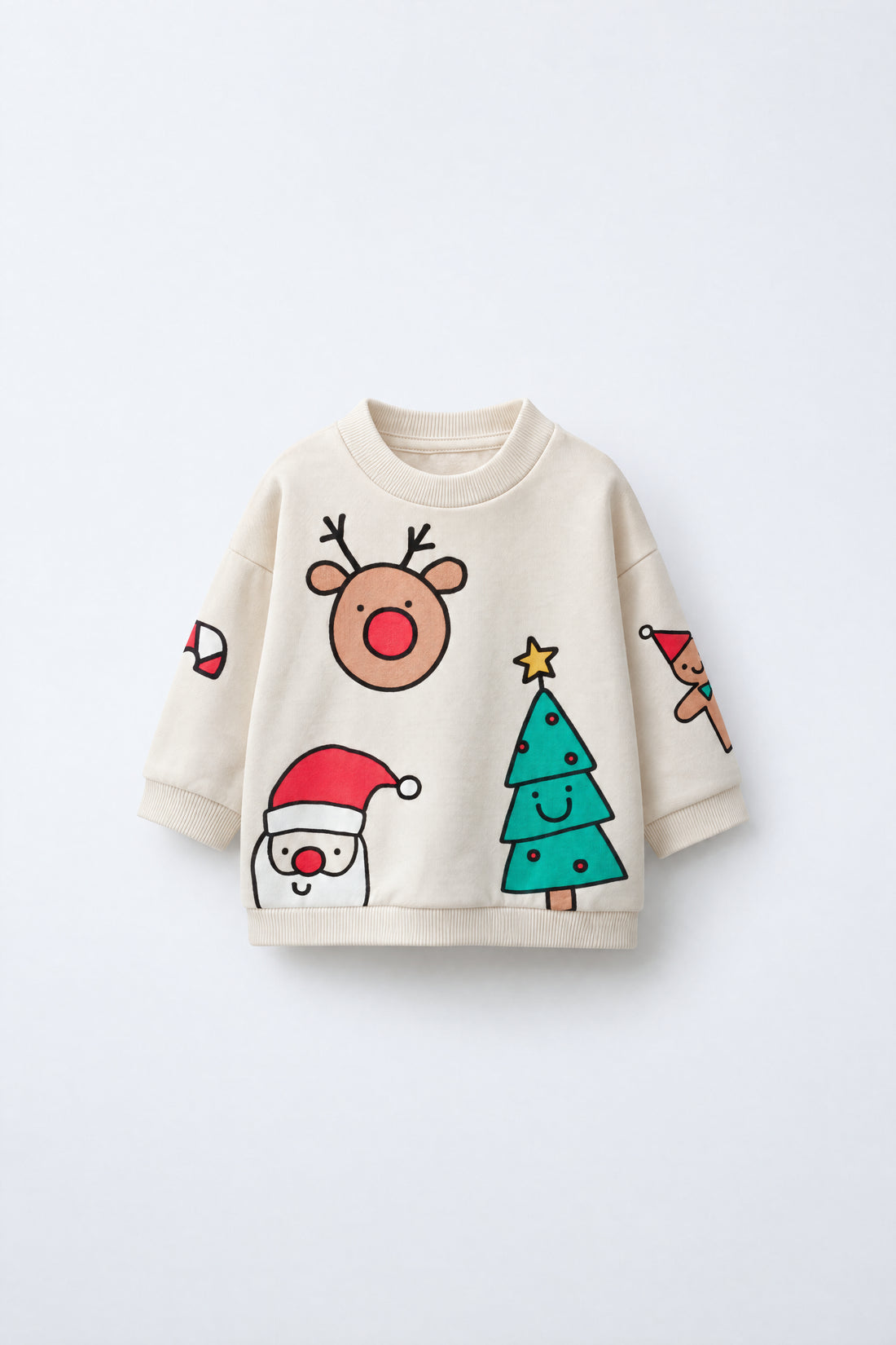 Kids’ Christmas fleece sweatshirt with festive reindeer, Santa, Christmas tree and gingerbread graphics, featuring ribbed neckline, cuffs and hem.