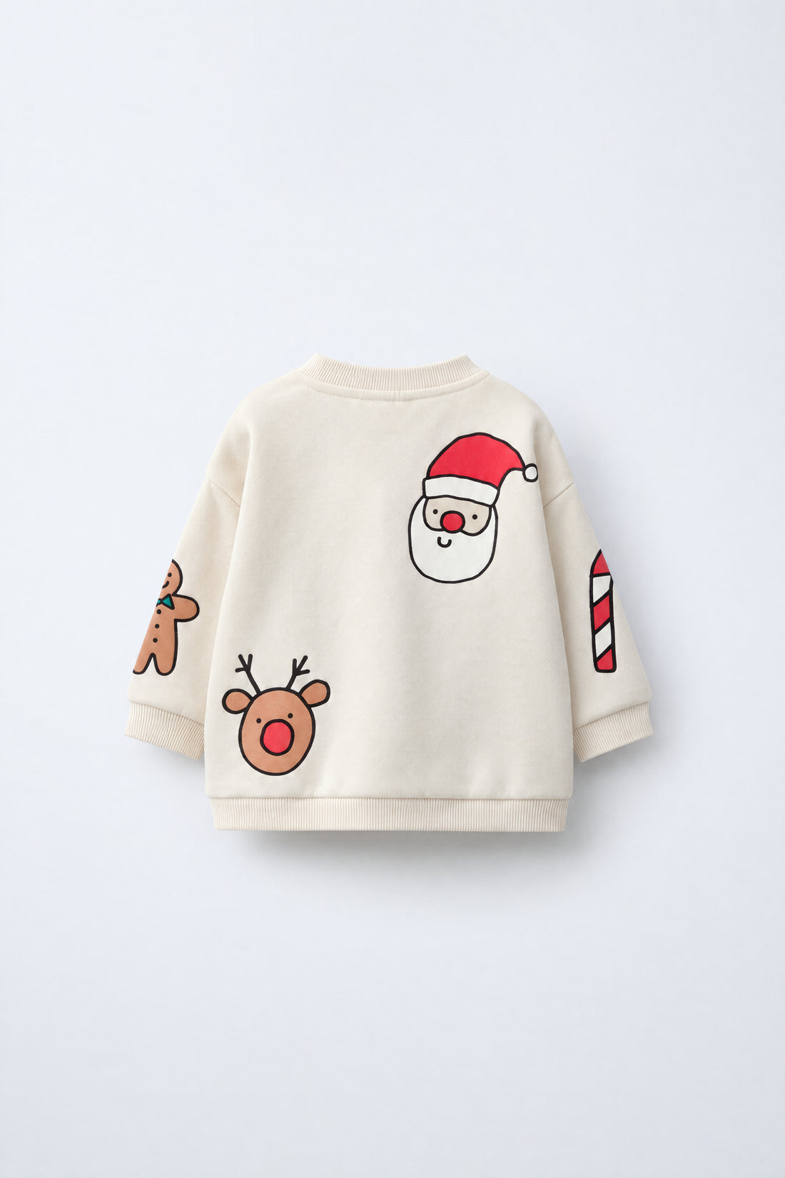 Kids’ Christmas fleece sweatshirt with festive reindeer, Santa, Christmas tree and gingerbread graphics, featuring ribbed neckline, cuffs and hem.