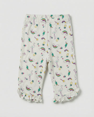 Baby Girls Soft Cotton 3/4 Leggings - Off White Flamingo & Rainbow