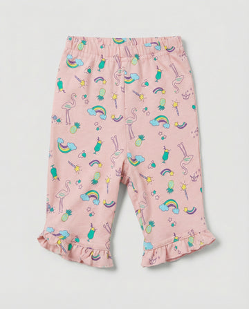 Girls Soft Cotton 3/4 Leggings - Pink Flamingo & Rainbow
