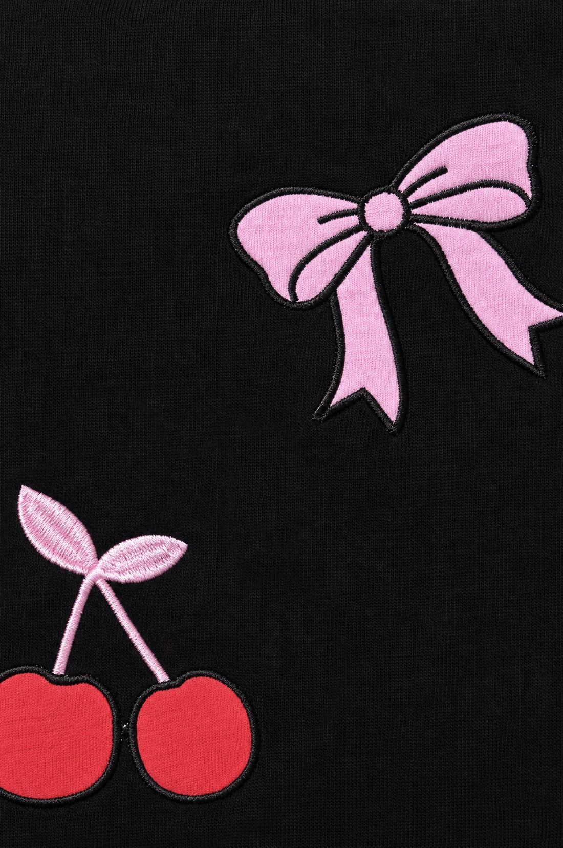 PTex Fashion girls’ black puff-sleeve sweatshirt with red cherry and pink bow appliqué, front view