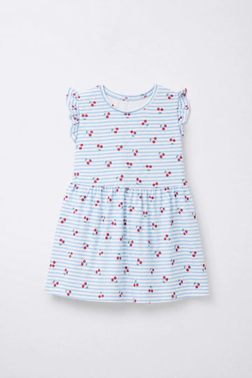 Girls' Cherry Print Stripe Long Frock