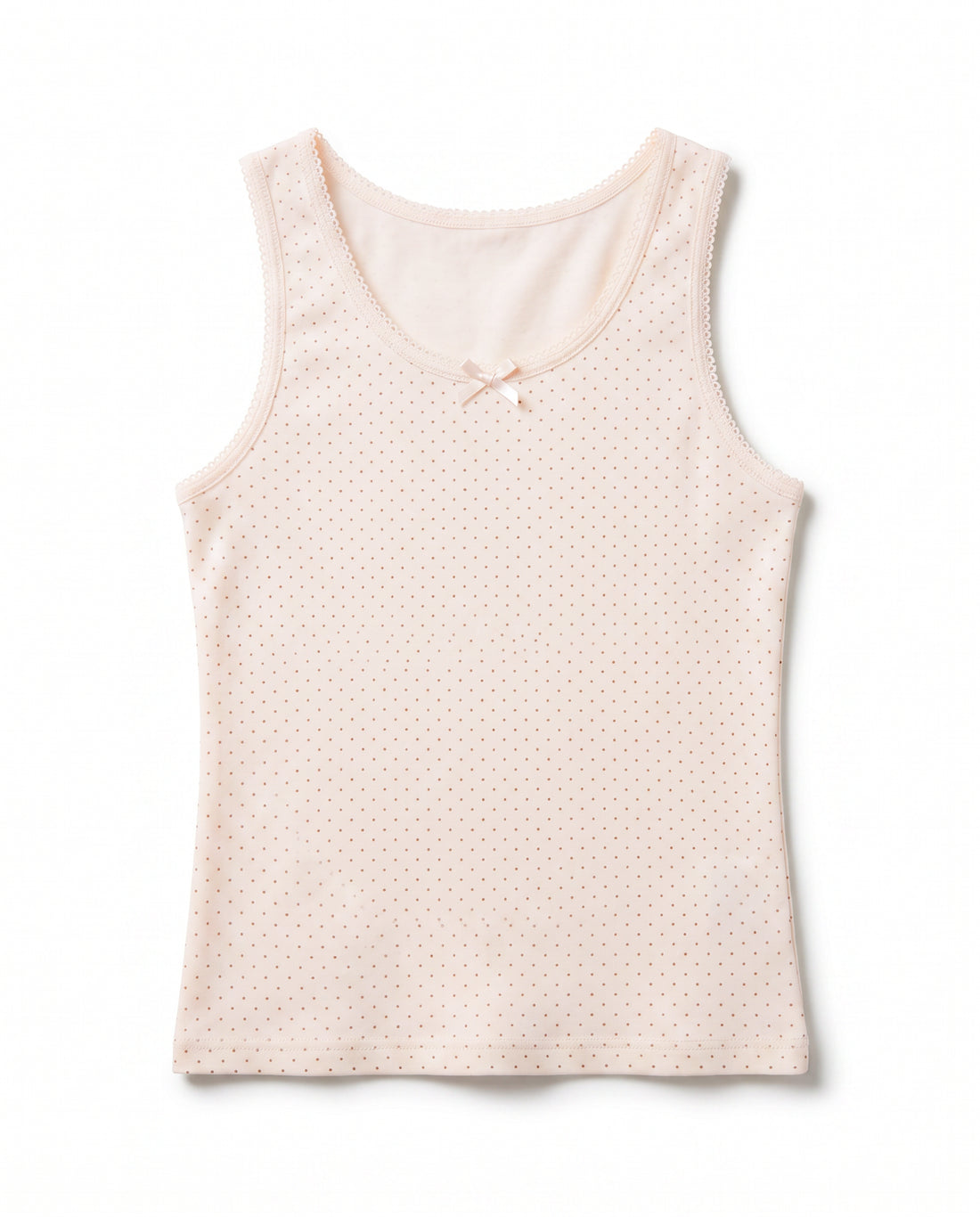 Girls soft peach mini dot sleeveless cotton tank top with lace trim neckline, armhole edging and small satin bow, flat lay product photo