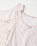 close look image of Girls white and pink pinstripe and polka dot sleeveless cotton tank top with pink lace trim neckline, armhole edging and satin bow, flat lay product photo