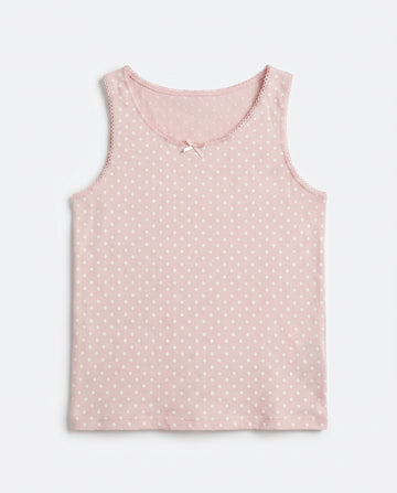 Girls pink polka dot sleeveless tank top with lace trim neckline and satin bow, flat lay product photo