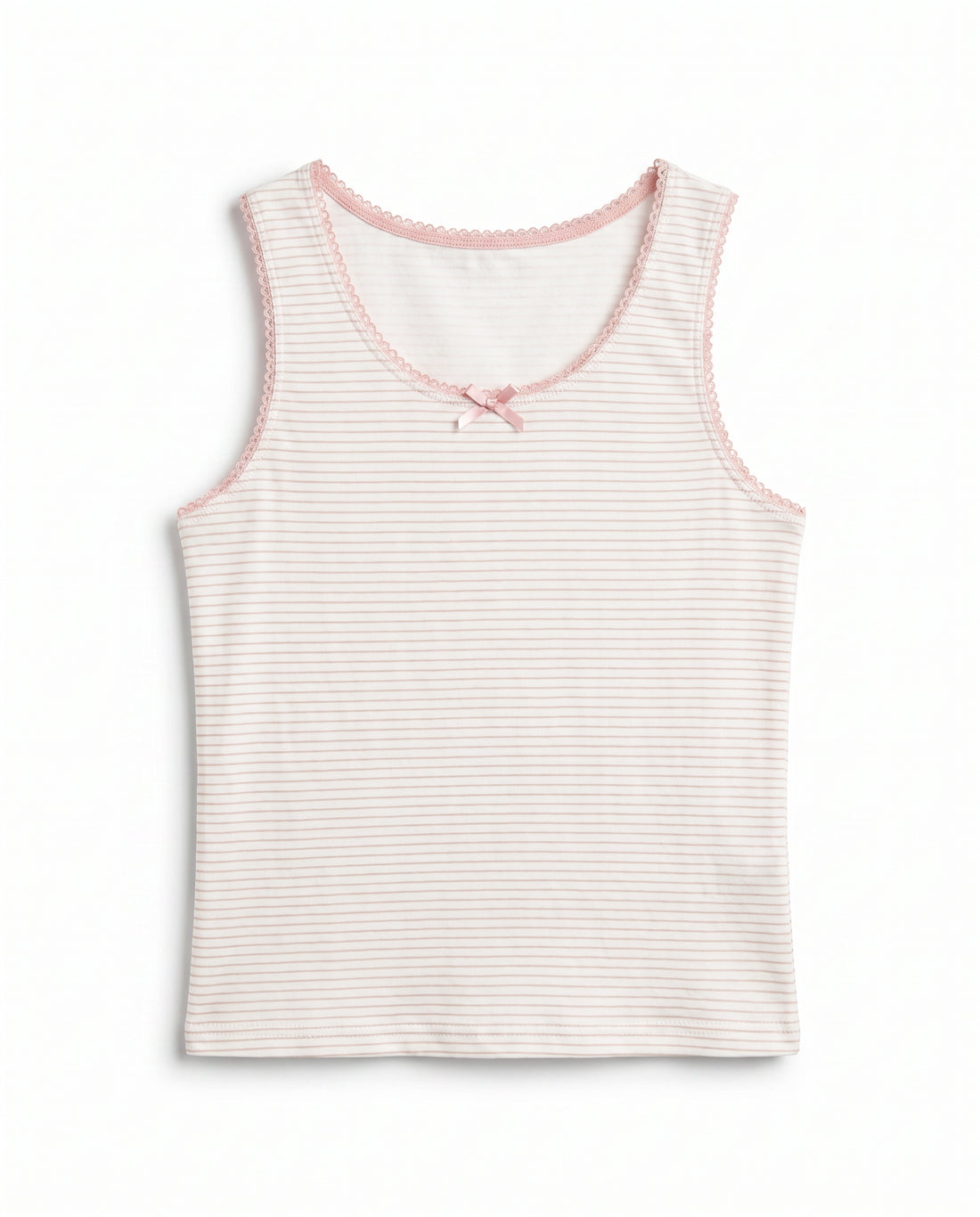 Girls white and pink pinstripe sleeveless cotton tank top with pink lace trim neckline, armhole edging and satin bow, flat lay product photo
