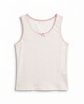 Girls white and pink pinstripe sleeveless cotton tank top with pink lace trim neckline, armhole edging and satin bow, flat lay product photo