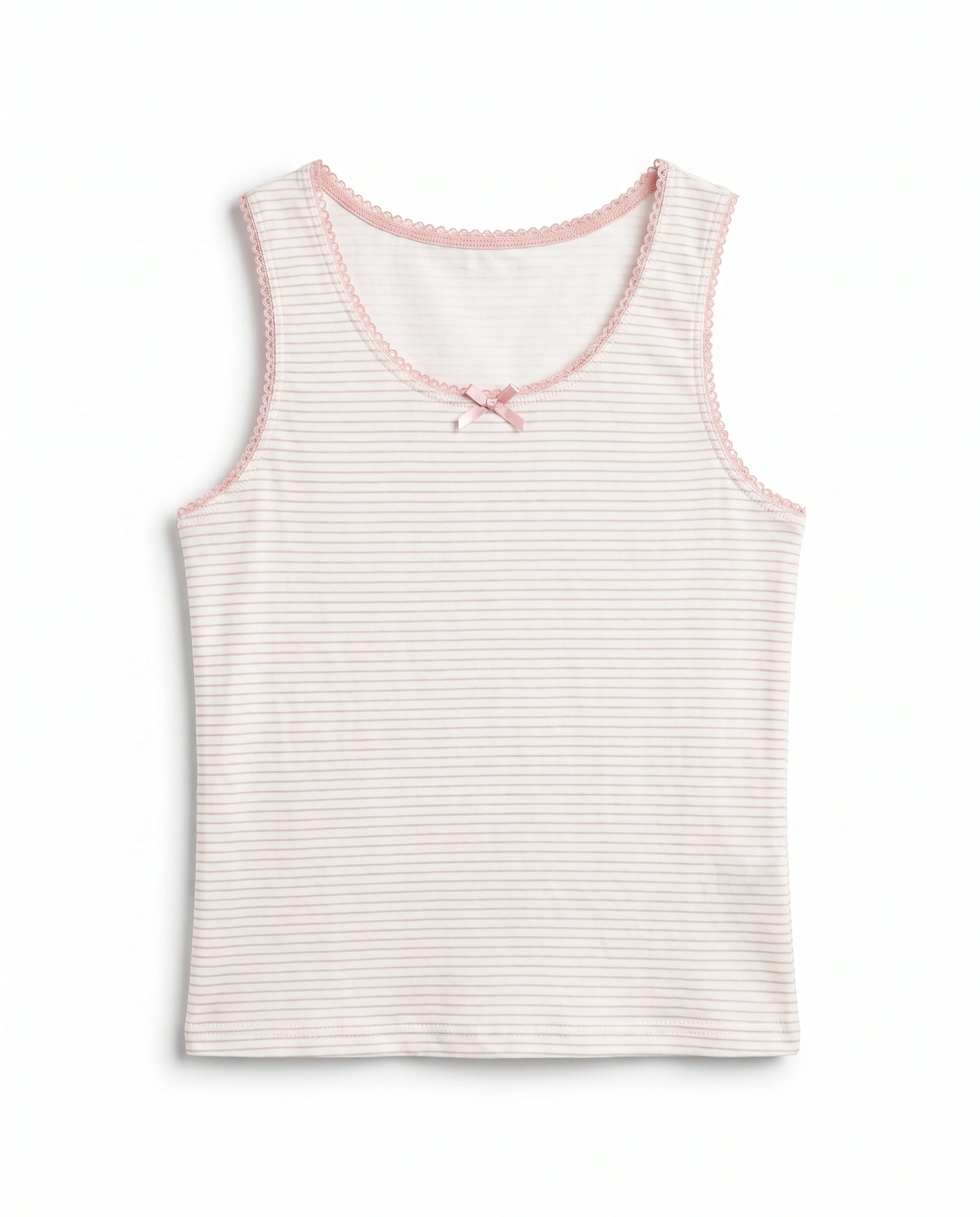 Girls white and pink pinstripe sleeveless cotton tank top with pink lace trim neckline, armhole edging and satin bow, flat lay product photo