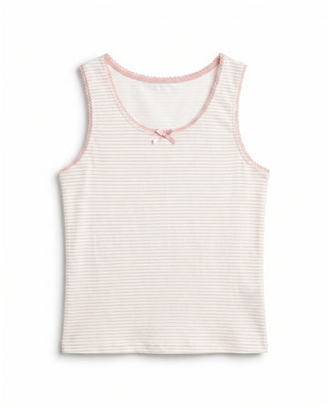 Girls white and pink pinstripe sleeveless cotton tank top with pink lace trim neckline, armhole edging and satin bow, flat lay product photo
