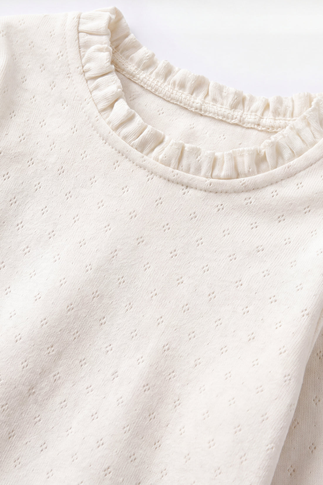Girls Pointelle Long Sleeve T-Shirt - Ecru Frill Neck