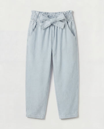 Girls' Soft Cotton Denim Pant with Drawstring Waist — Light Stone Wash