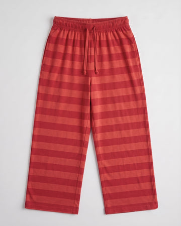 Girls’ soft cotton red striped palazzo trousers with relaxed wide-leg fit and adjustable drawstring