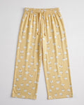 Girls’ soft cotton yellow palazzo trousers with all-over sheep print and elasticated drawstring waist