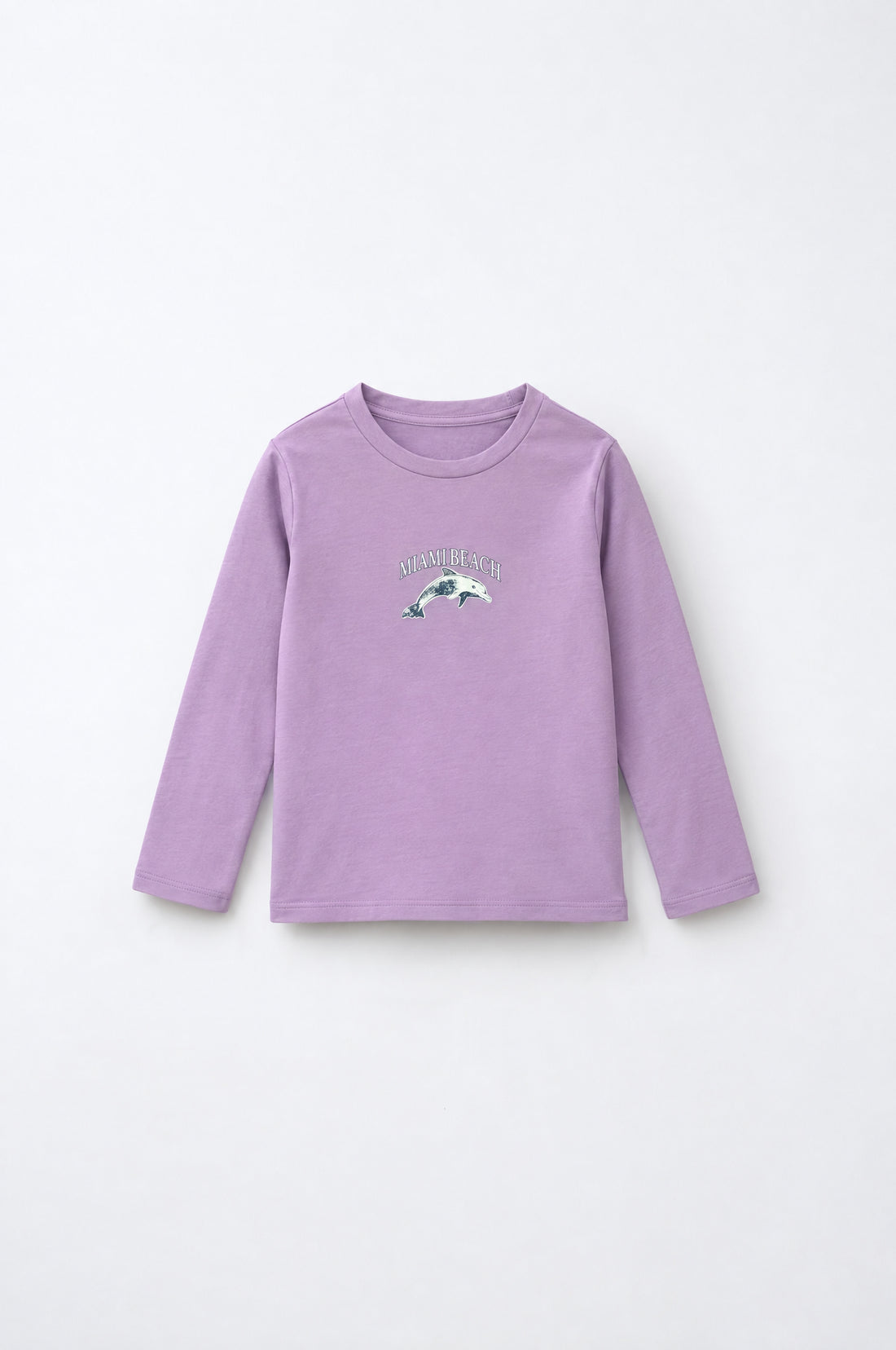 Girls soft cotton full-sleeve T-shirt with Miami Beach dolphin chest graphic and comfortable crew neckline.