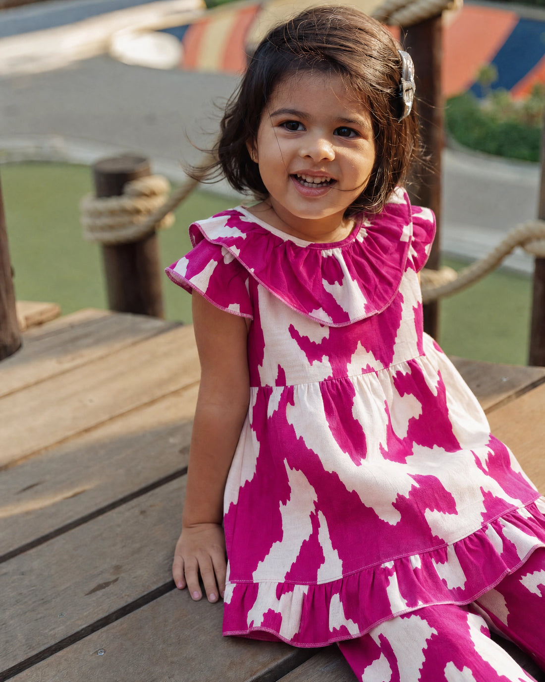 PTex Fashion girls' 2-piece linen co-ord set in magenta and cream ikat print, top and pants flat-lay