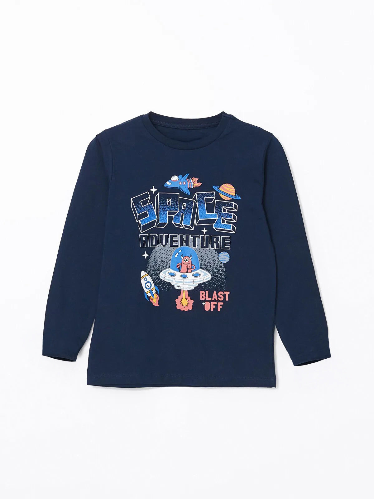 Boys Full Sleeve Cotton T-shirt | Crew Neck, Navy Blue with a space theme