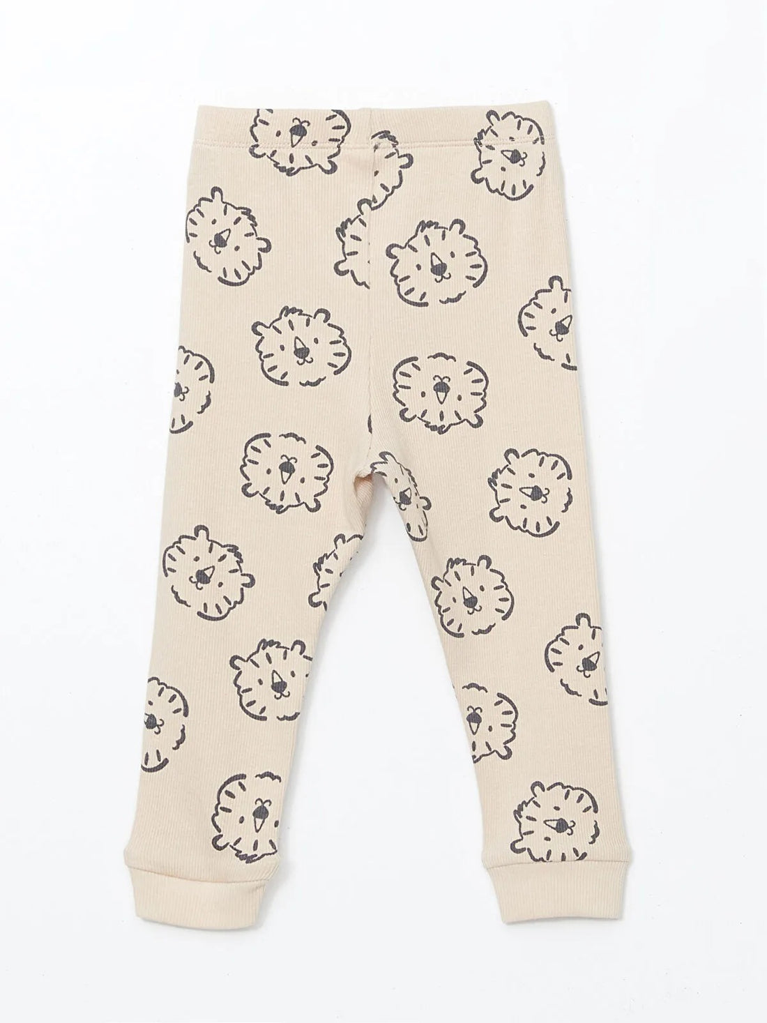 Toddler Ribbed Beige Cotton Leggings – All-Over Lion Print