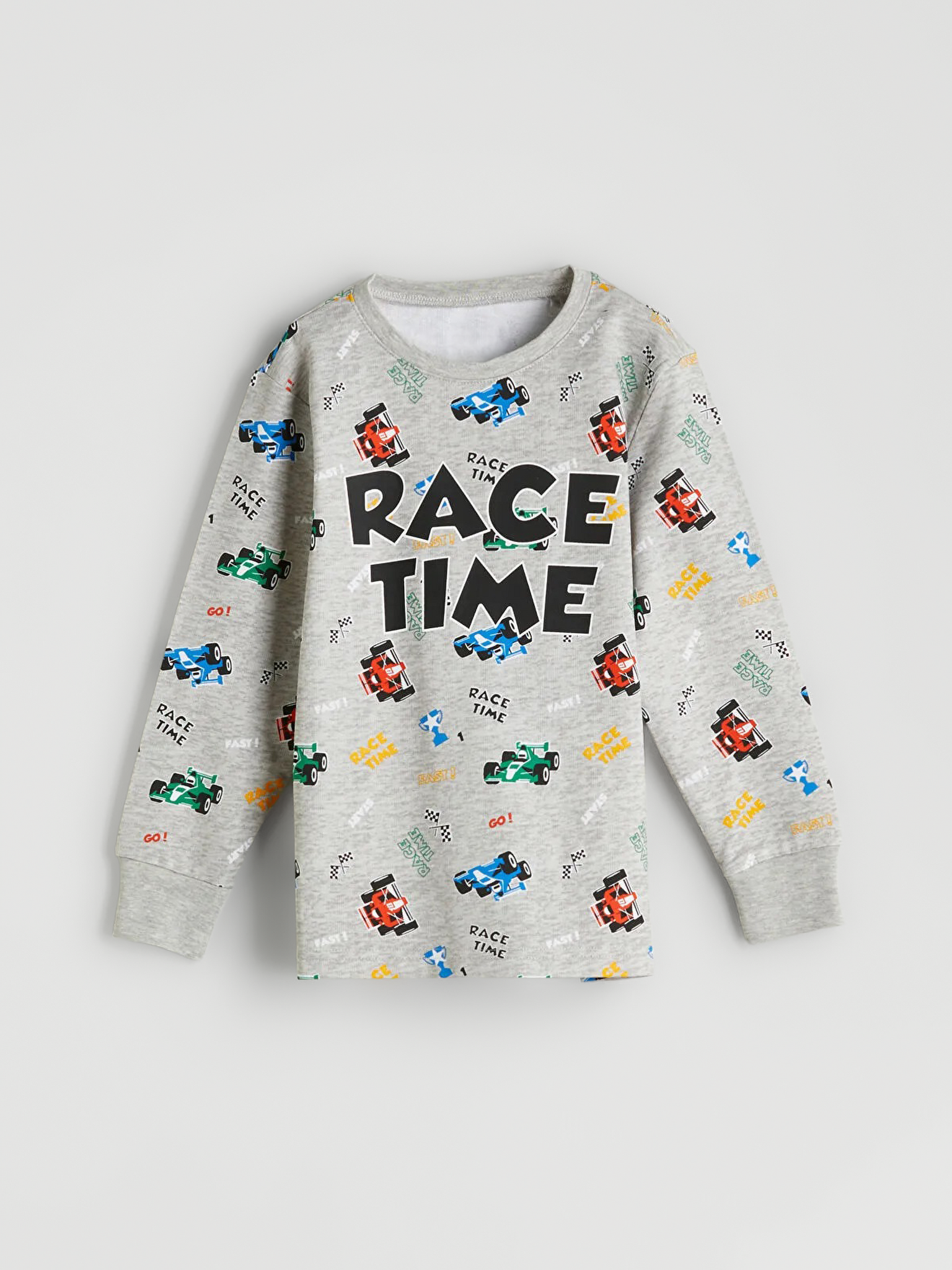 Boys’ Grey “Race Time” Printed Sweatshirt – Fun Car Pattern