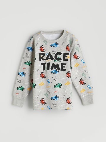 Boys’ Grey “Race Time” Printed Sweatshirt – Fun Car Pattern
