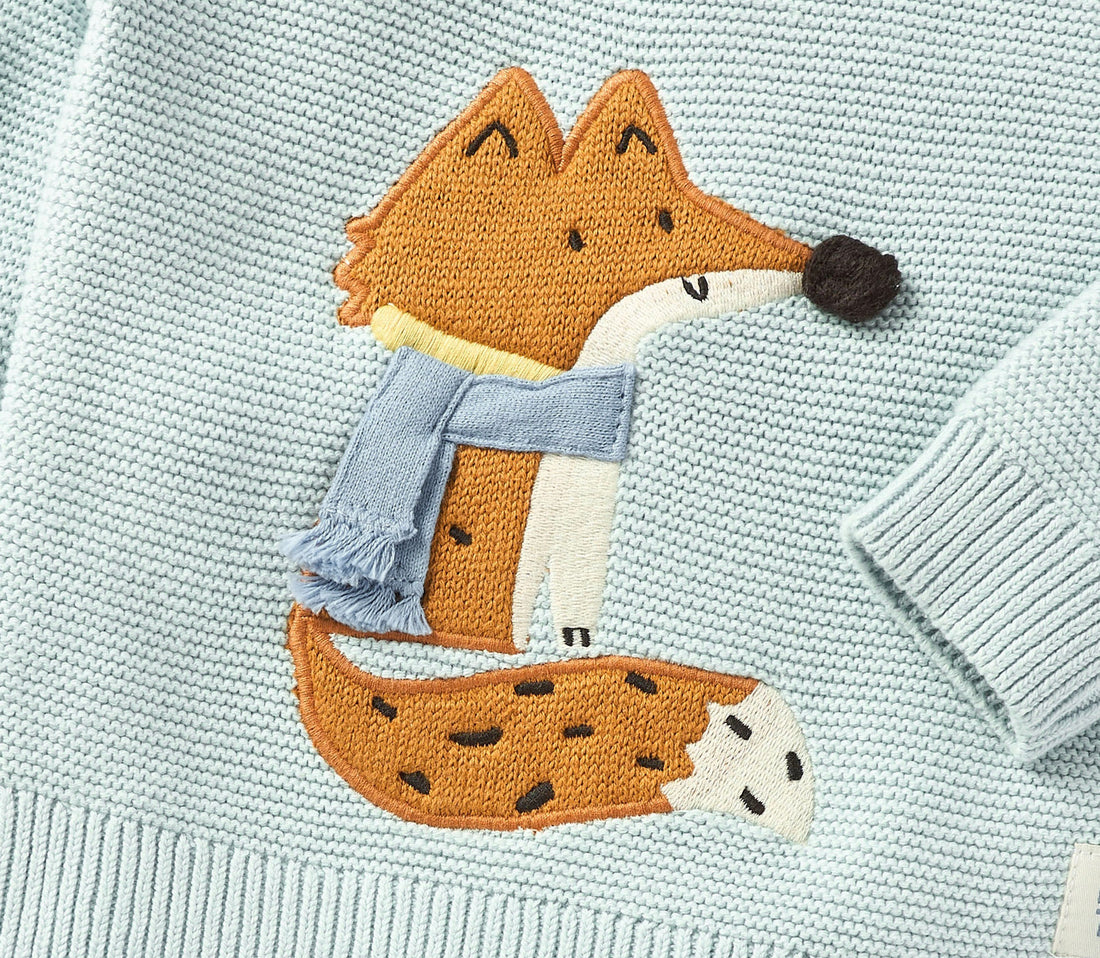 Baby Blue Fox Embroidered Knit Sweater