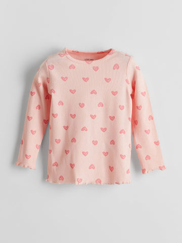 Toddler Girls’ Ribbed Cotton Full Sleeve Top – Pink Heart Print