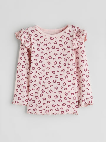 Girl's Ruffled Shoulder Ribbed Cotton Full Sleeve T-shirt