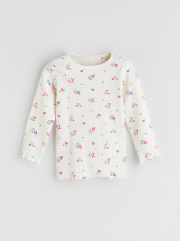 Girl's Round Neck Ribbed Cotton Long Sleeve T-shirt