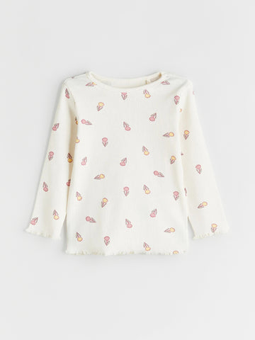 Girl's Ribbed Cotton Full Sleeve Floral Print T-shirt