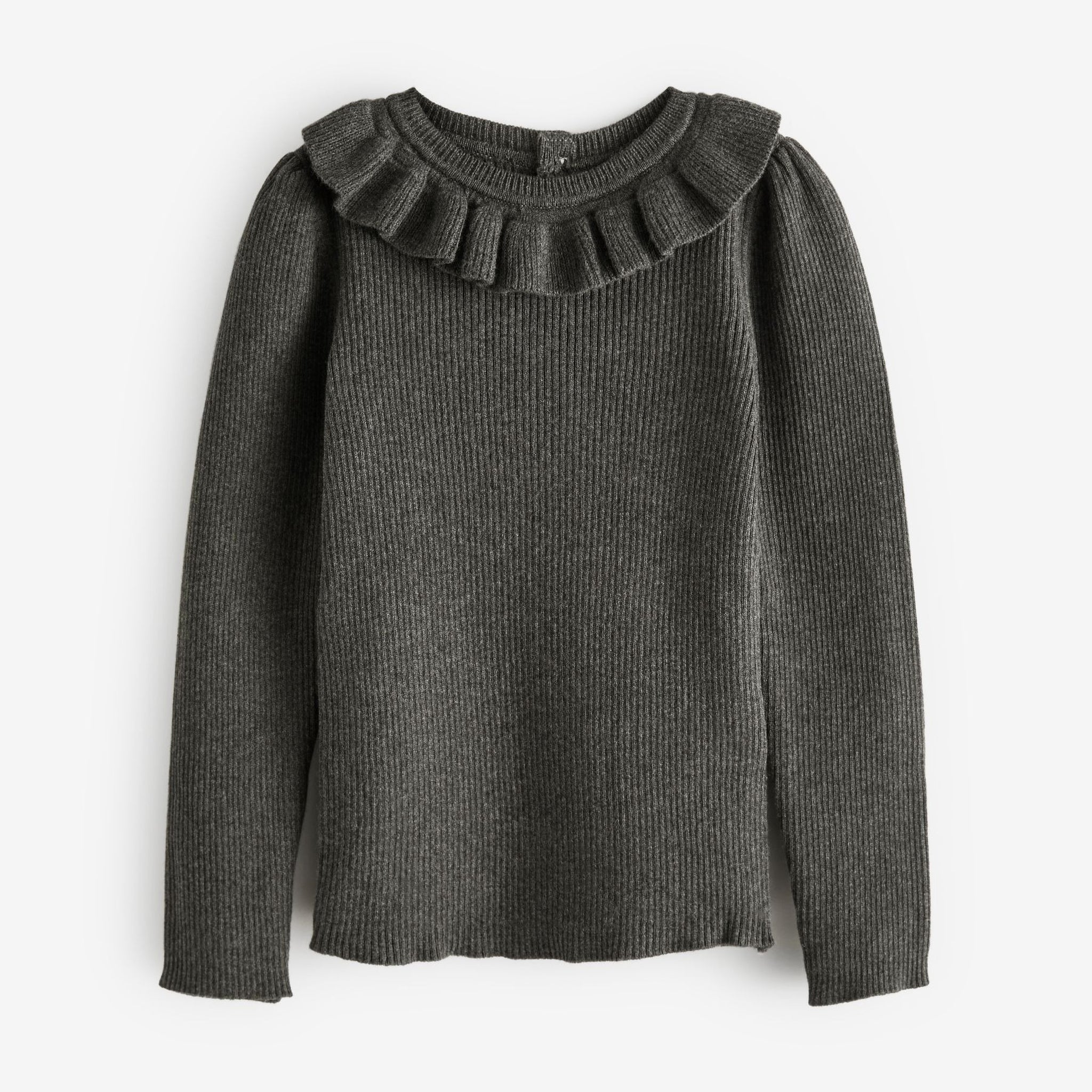 Girl's Frill Neck knitted Jumper | Ribbed Cotton, Charcoal Black
