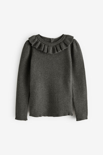 Girl's Frill Neck knitted Jumper | Ribbed Cotton, Charcoal Black