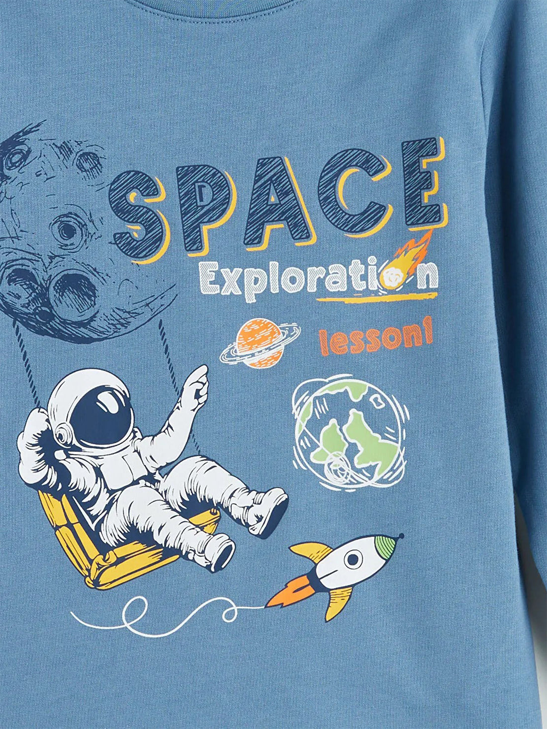 Boy's Full Sleeve Sweatshirt | Dusky Blue, Space Exploration Print