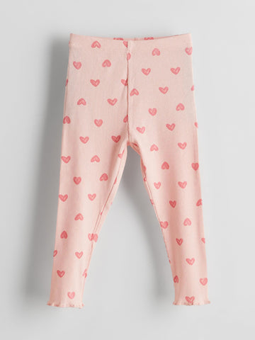 Toddler Girls’ Ribbed Cotton Heart Print Leggings – Light Pink