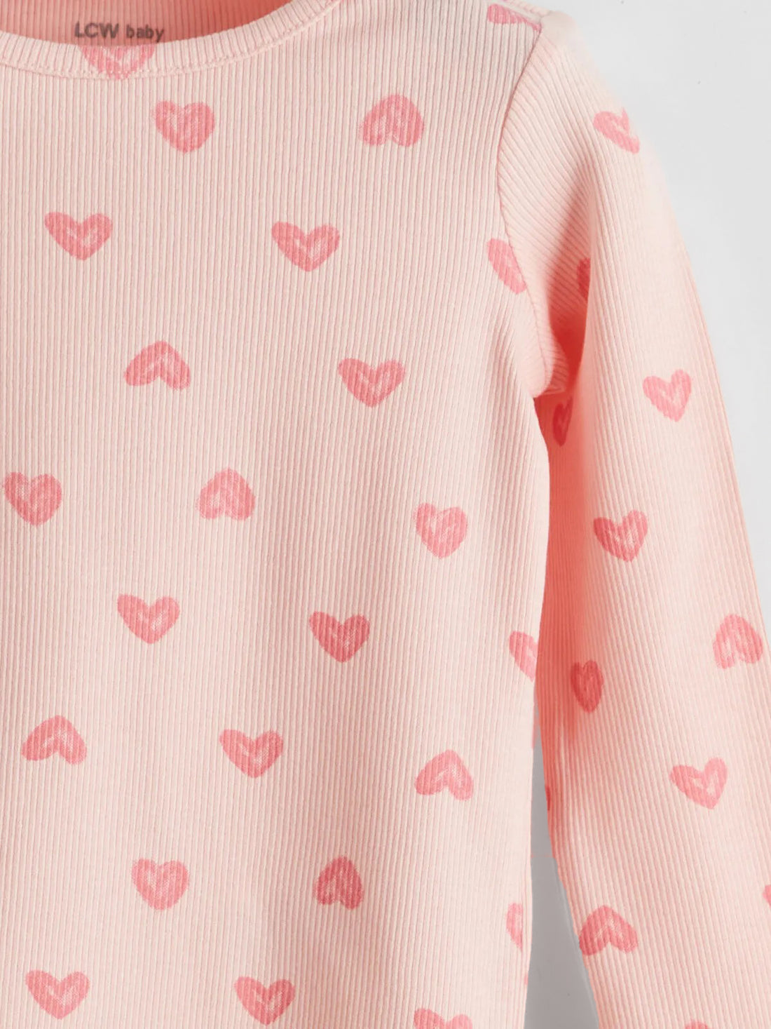 Toddler Girls’ Ribbed Cotton Full Sleeve Top – Pink Heart Print