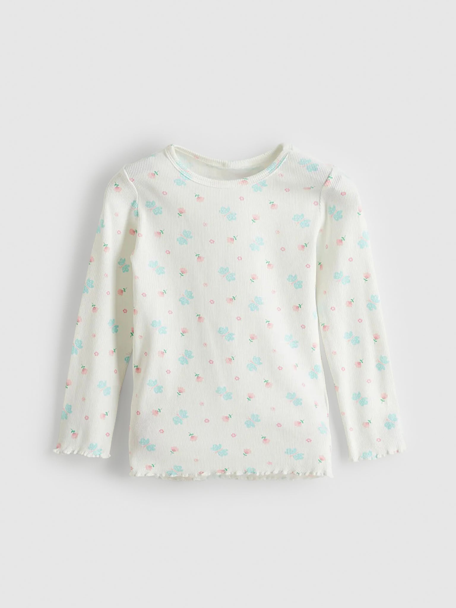Girls' Floral Print Ribbed Cotton T-Shirt