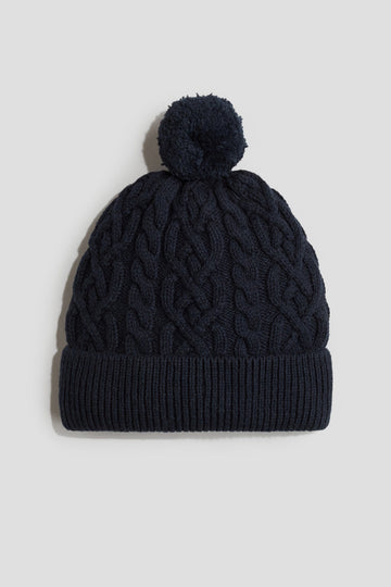 Navy Cable-Knit Pom-Pom Beanie