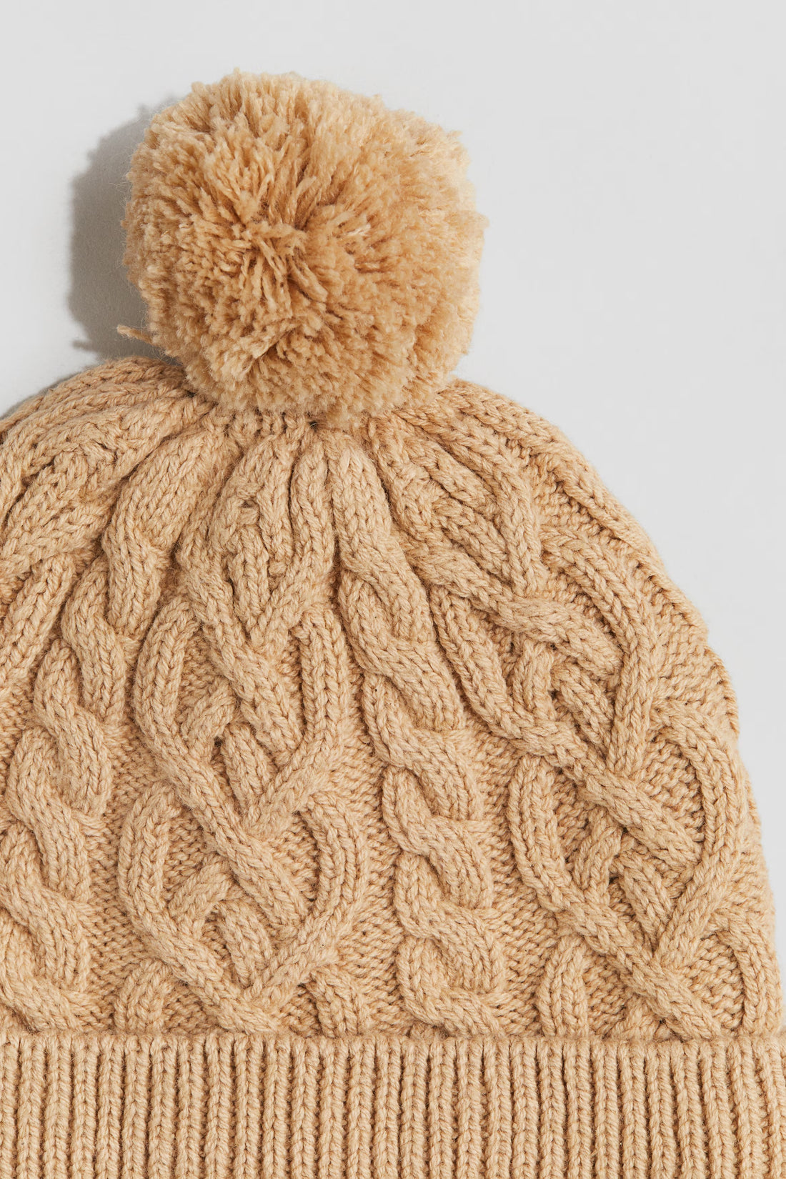 Beige Cable-Knit Pom-Pom Beanie