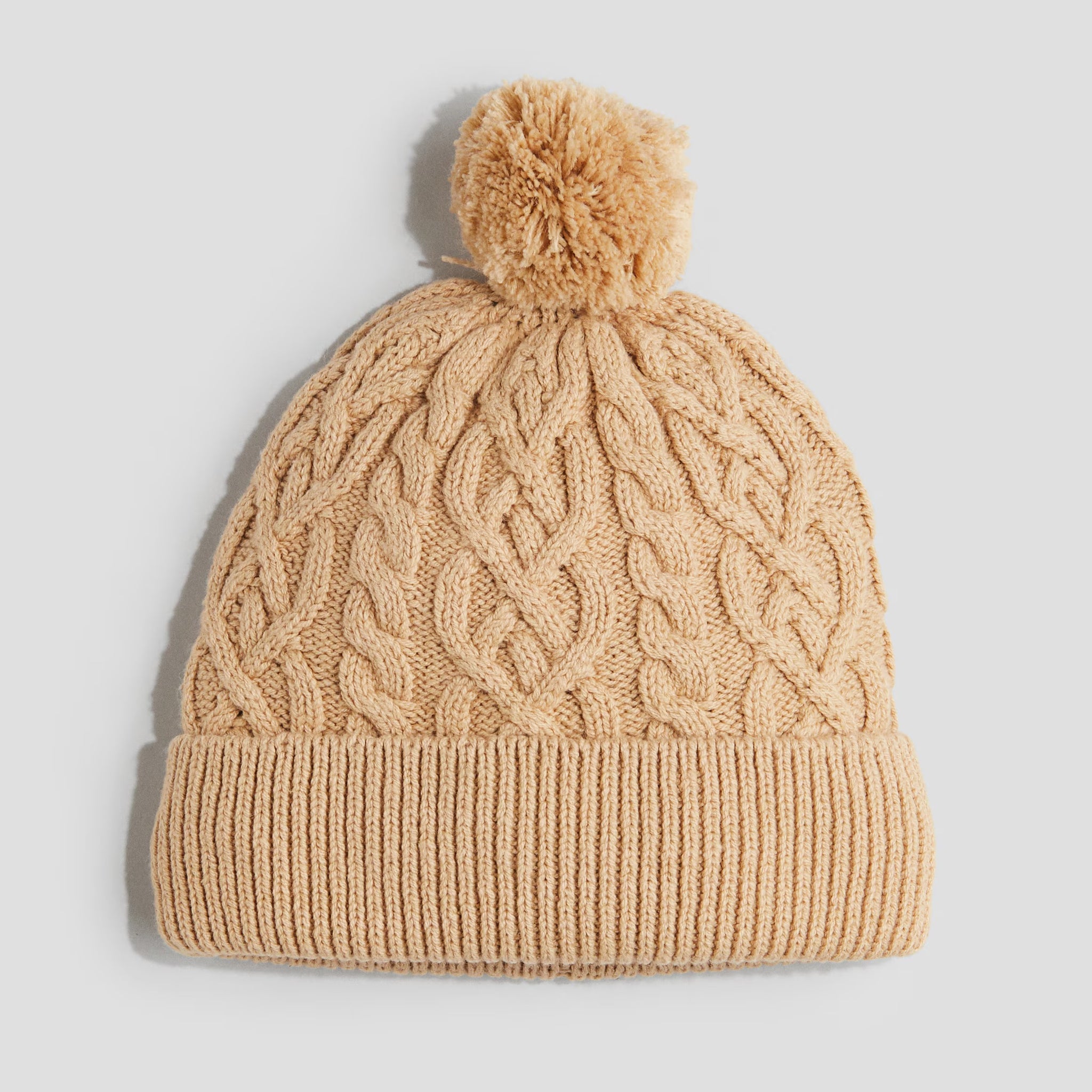 Beige Cable-Knit Pom-Pom Beanie