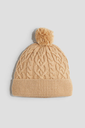 Beige Cable-Knit Pom-Pom Beanie