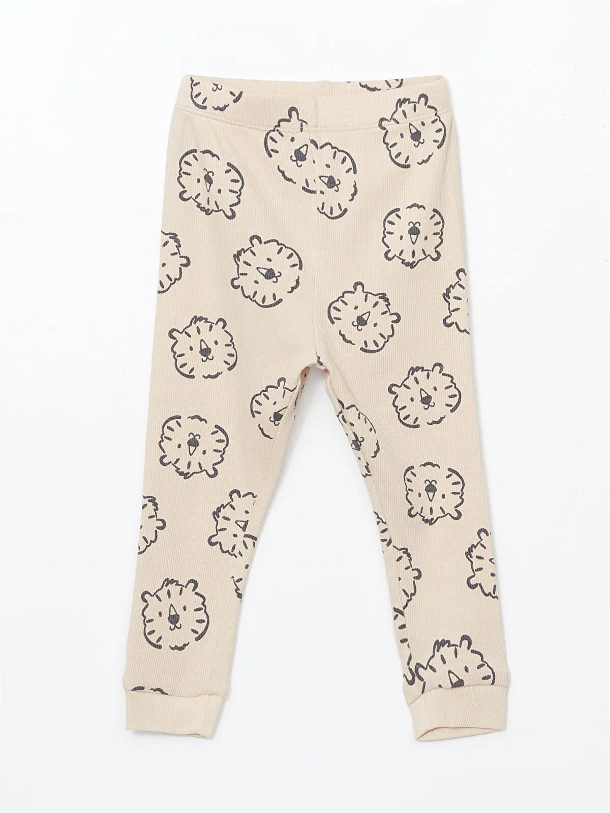 Toddler Ribbed Beige Cotton Leggings – All-Over Lion Print