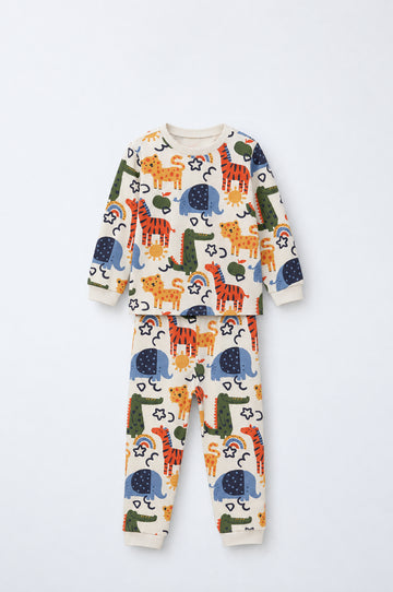 PTex Fashion kids’ safari animal print pyjama set, cream long-sleeve top and jogger bottoms with elephants, zebras, leopards and crocodiles
