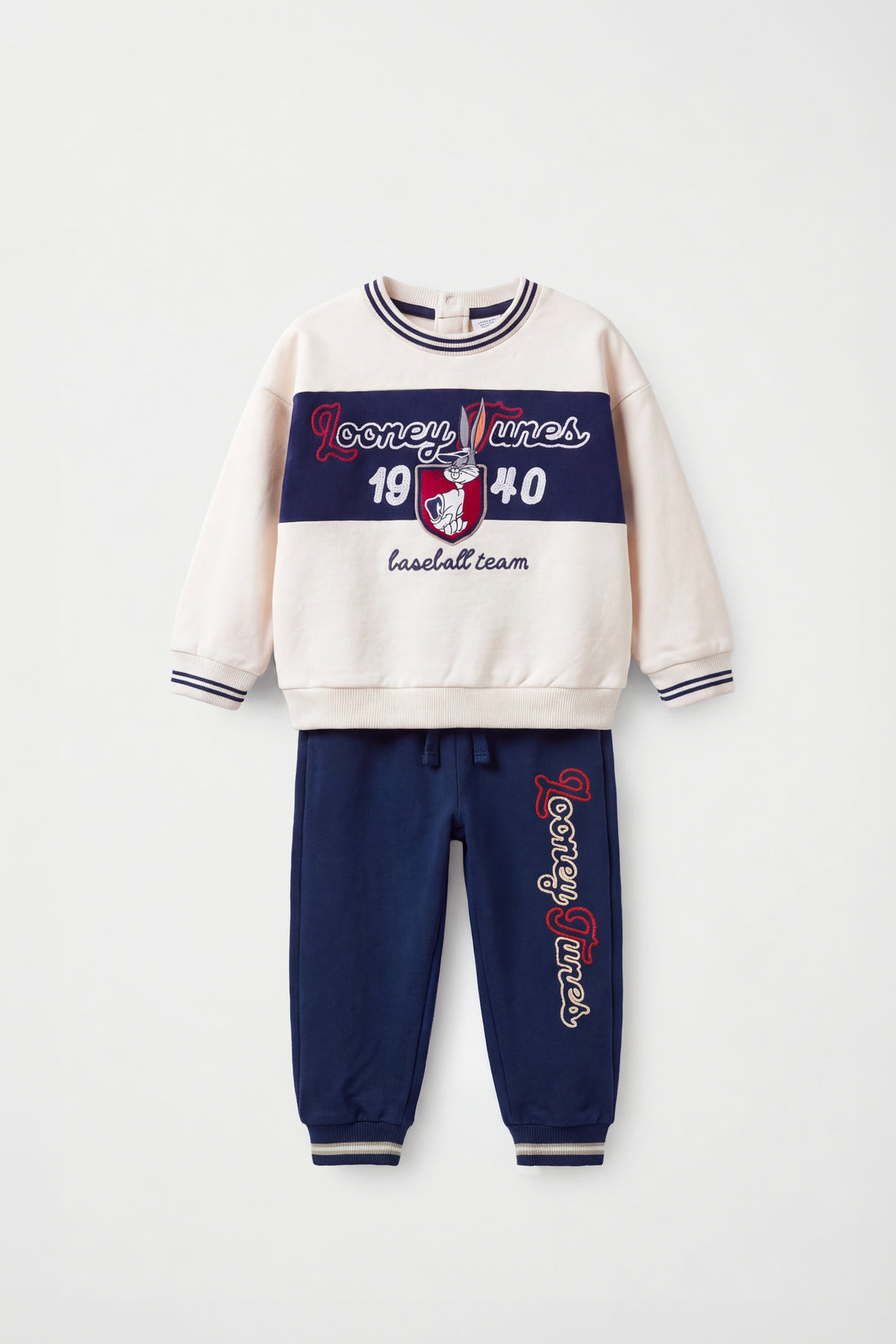 Infant sweatshirt and joggers set in beige and navy with embroidered graphics and striped rib cuffs – PTex Fashion