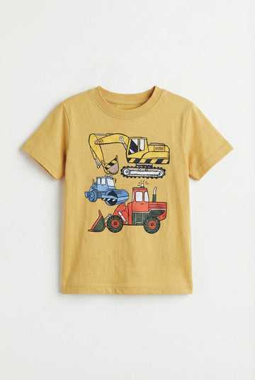 Toddler Khaki Half Sleeve T-Shirt | Construction Vehicle