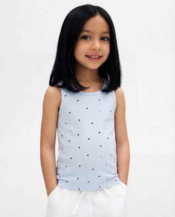 Girls' Light Blue Cotton Vest Top with Heart Print