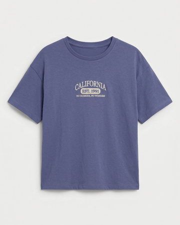 Kid's Slate Blue Cotton Drop Shoulder Embroidered T-Shirt