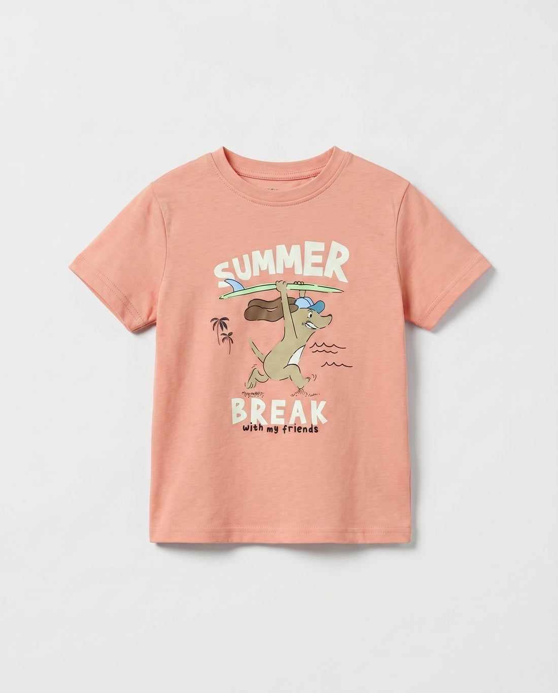 kid's salmon pink short sleeve cotton t-shirt with cartoon surfing animal, beach scene, and "Summer Break with my friends" graphic print on front, flat lay on light grey background